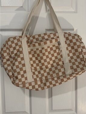 Beige and Brown Checkered Weekend Duffle Bag